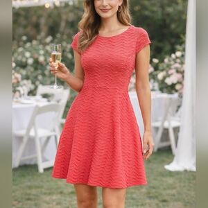 ✨️4/$20, EN FOCUS Coral Pink Fit and Flare Dress, Chevron Texture, Cap Sleeves